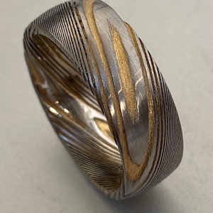 Custom made Mokume Gane Damascus 8mm Wedding Band - Rose Gold Copper fused with Stainless Damascus