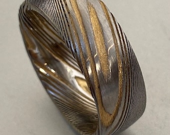 Custom made Mokume Gane Damascus 8mm Wedding Band - Rose Gold Copper fused with Stainless Damascus