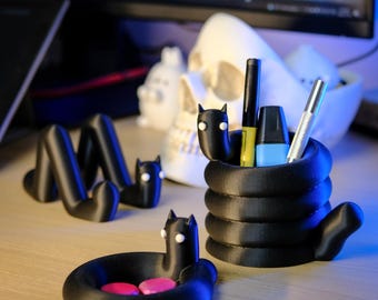 3D Printed Desk Organizer Set | Goth Cat Style Pen Cup, Tray & Phone Stand