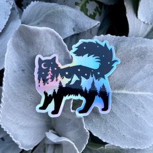 Holographic Adventure Cat Stickr, PNW long haired cat holographic sticker, Nature cat, Cat Paw Print, Adventure hydroflask sticker, PNW