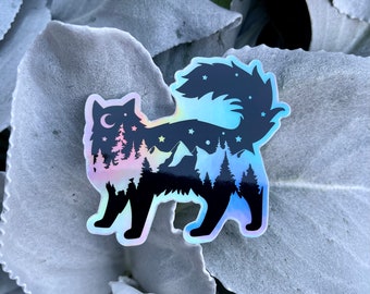 Holographic Adventure Cat Stickr, PNW long haired cat holographic sticker, Nature cat, Cat Paw Print, Adventure hydroflask sticker, PNW