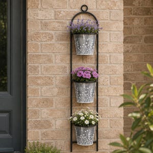 Triple Wall Planter | Meadow Wildflower Zinc Pots | Black Metal Arched Vertical Garden Rack