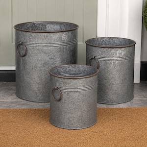 Set of 3 Zinc Cylinder Planters | Galvanised Metal Bucket Pots | Rustic Industrial Garden Decor