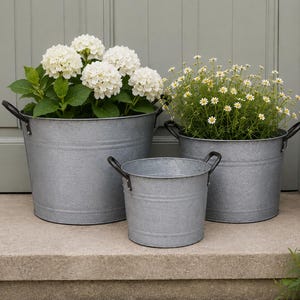 Set of 3 Aged Zinc Buckets | Galvanised Wide Mouth Tubs | Rustic Garden Storage Decor