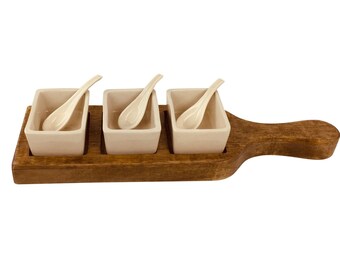 Wooden Paddle Serving Tray With Cream Ceram Dip Bowls & Spoons