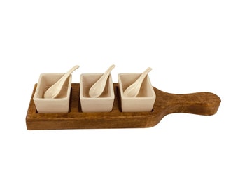 Wooden Paddle Serving Tray With Cream Ceram Dip Bowls & Spoons