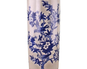 Ceramic Umbrella Stand, Blue & White Birds Chinoiserie Design