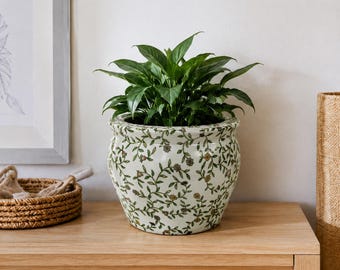 Botanical Ivory Ceramic Fish Bowl Planter | Wildflower Vine Garden Decor