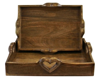 Set Of 2 Rustic Solid Wood Heart Serving Trays,