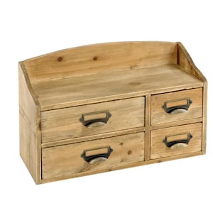 Houten opberger voor bureaublad, kleine indexkaartkast met 4 laden, metalen handgrepen, naambordje, thuis, kantoor.