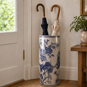 Blauw-witte Chinoiserie keramische paraplubak en vloervaas (45 cm)