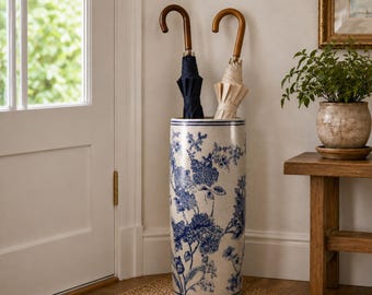 Vintage 5kan Brass Umbrella Stand With Delft Porcelain Handle