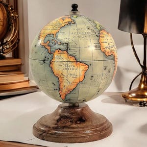 Globo terrestre in ceramica su supporto in legno di mango, piccolo rustico da tavolo in ceramica con mappa dettagliata del pianeta Terra, 5''