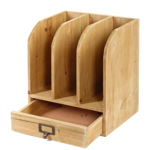 Portariviste in legno/Organizzatore per documenti da scrivania, 3 scomparti con cassetto, inserto per targhetta, porta lettere