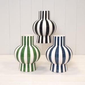 Striped Ceramic Round Vase, Black, Blue, Green and White Vase