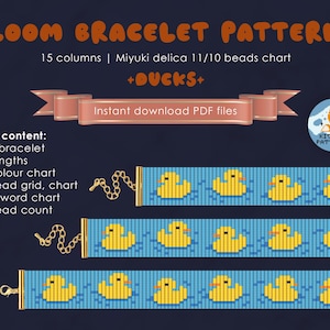 May include: A loom bracelet pattern featuring three yellow rubber duckies swimming in blue water. The pattern is for 15 columns and uses Miyuki delica 11/10 beads. The file includes a color chart, bead grid, word chart, and bead count.