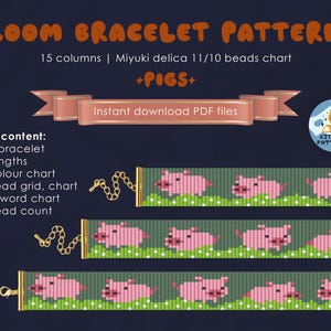 Könnte beinhalten: Digitales Loom-Armbandmuster mit rosa Schweinchen-Designs. Das Muster umfasst 15 Spalten und ist für Miyuki Delica 11/10 Perlen konzipiert. Die Datei enthält 3 Armbandlängen, eine Farbkarte, ein Perlenraster und eine Worttabelle. Der Text lautet "LOOM BRACELET PATTERN" und "PIGS+".