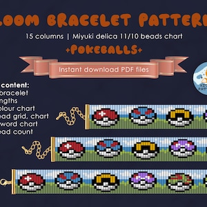 May include: A loom bracelet pattern featuring Pokeballs. The pattern includes 3 bracelet lengths, a colour chart, bead grid, chart and word chart, and a bead count. The pattern is for 15 columns and uses Miyuki delica 11/10 beads.