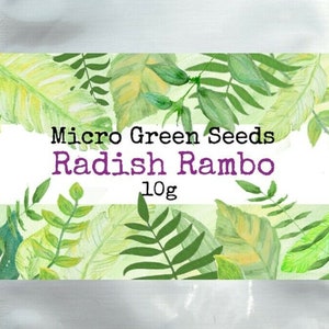 Może przedstawiać: Srebrna paczka nasion Micro Green Seeds Radish Rambo, 10g. Etykieta zawiera akwarelowy wzór zielonych i żółtych liści. Tekst jest w kolorze ciemnofioletowym.