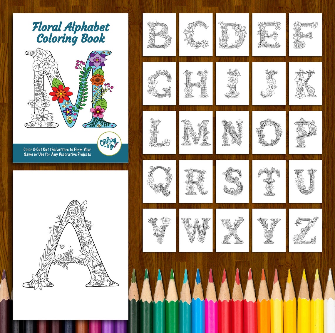 Flower Alphabet Coloring Book Printable Coloring Pages Adult Coloring ...