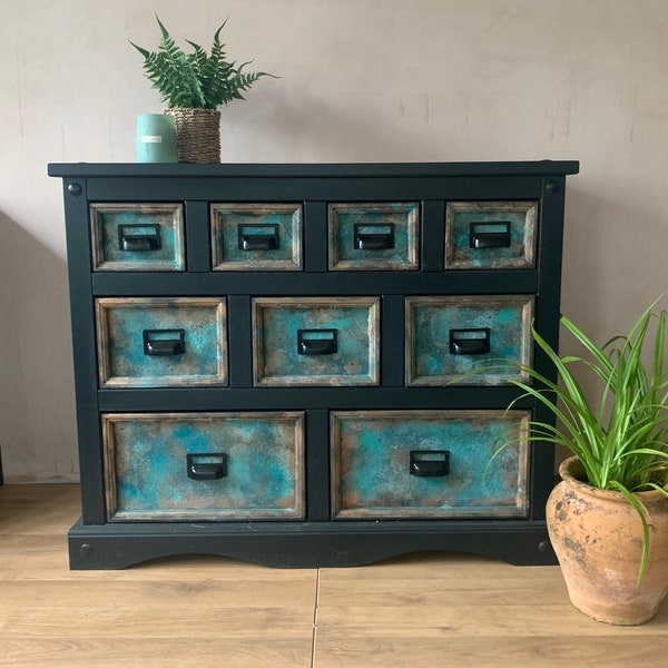 SOLD!!! Industrial Rustic style Apothecary Merchants chest of drawers, cabinet, sideboard with 9 drawers with copper patina