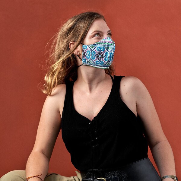 Upcycled, Embroidered, Fair Trade, Artisan, Unisex Face Mask with Neck-strap and Essential Oil Mask Mist for Festivals, Travel, and Events