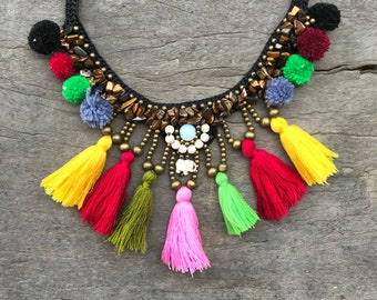 Hmong Hill Tribe Braided Macrame Crystal Stone Necklace with Pom Poms, Boho Chunky Gemstone Collar with Tassels