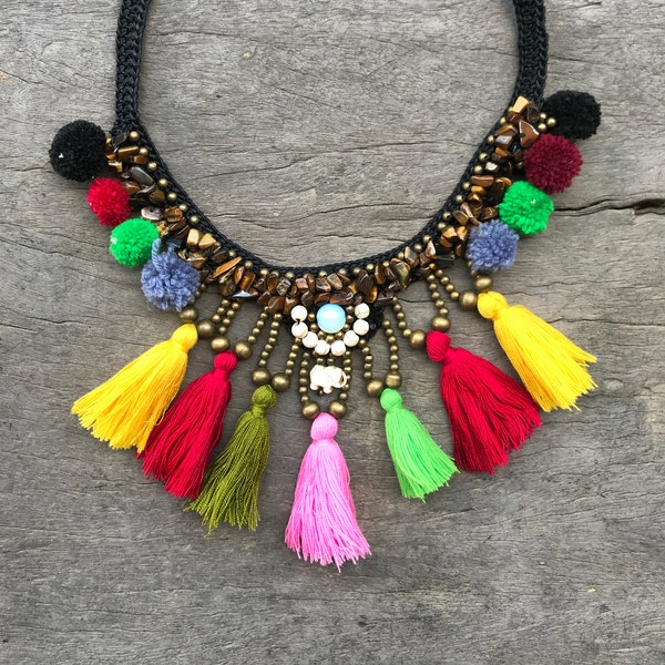 Hmong Hill Tribe Braided Macrame Crystal Stone Necklace with Pom Poms, Boho Chunky Gemstone Collar with Tassels