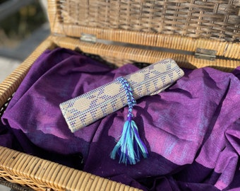 Handwoven Eco-friendly Blue Utensil Wrap, Artisan Cutlery Holder, Paint Brush Roll