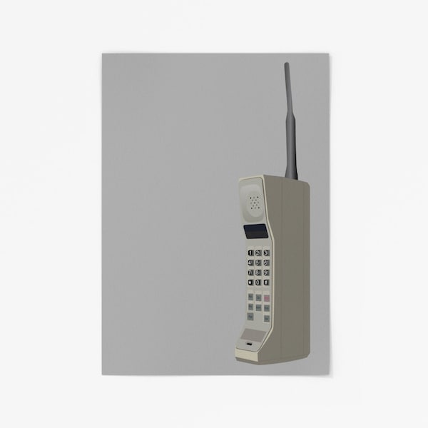 Motorola cell phone (1983) Original 80s Dynatac 8000X - Retro, vintage mobile telephone poster - Classic, oldschool customisable gift - grey