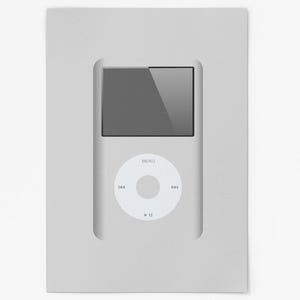 Puede incluir: Un reproductor multimedia digital iPod Classic blanco con una pantalla negra y un panel de control circular. El dispositivo está colocado en un marco rectangular blanco con un recorte para la pantalla y el panel de control. La palabra "MENU" es visible.