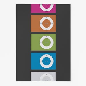Puede incluir: Cinco iPods de diferentes colores con botones blancos y un fondo negro. Los iPods están dispuestos verticalmente, con el iPod superior de color rosa, seguido de naranja, verde, azul y gris.