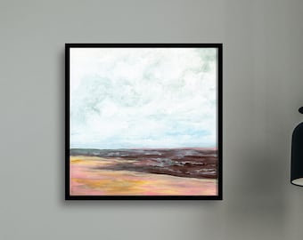 Cielo nublado Acuarela Pintura de paisaje, Impresión de arte costero cuadrado, Arte abstracto original