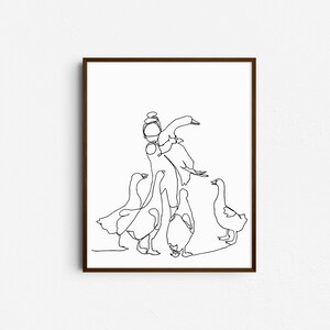 May include: Line drawing of a person surrounded by four geese. The person is holding one goose in their arms and the other geese are standing around them.