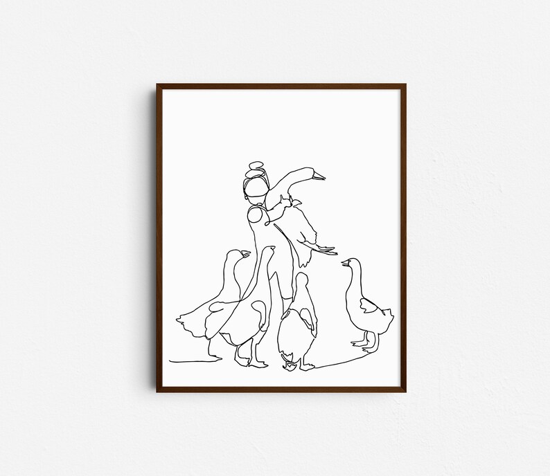 May include: Line drawing of a person surrounded by four geese. The person is holding one goose in their arms and the other geese are standing around them.