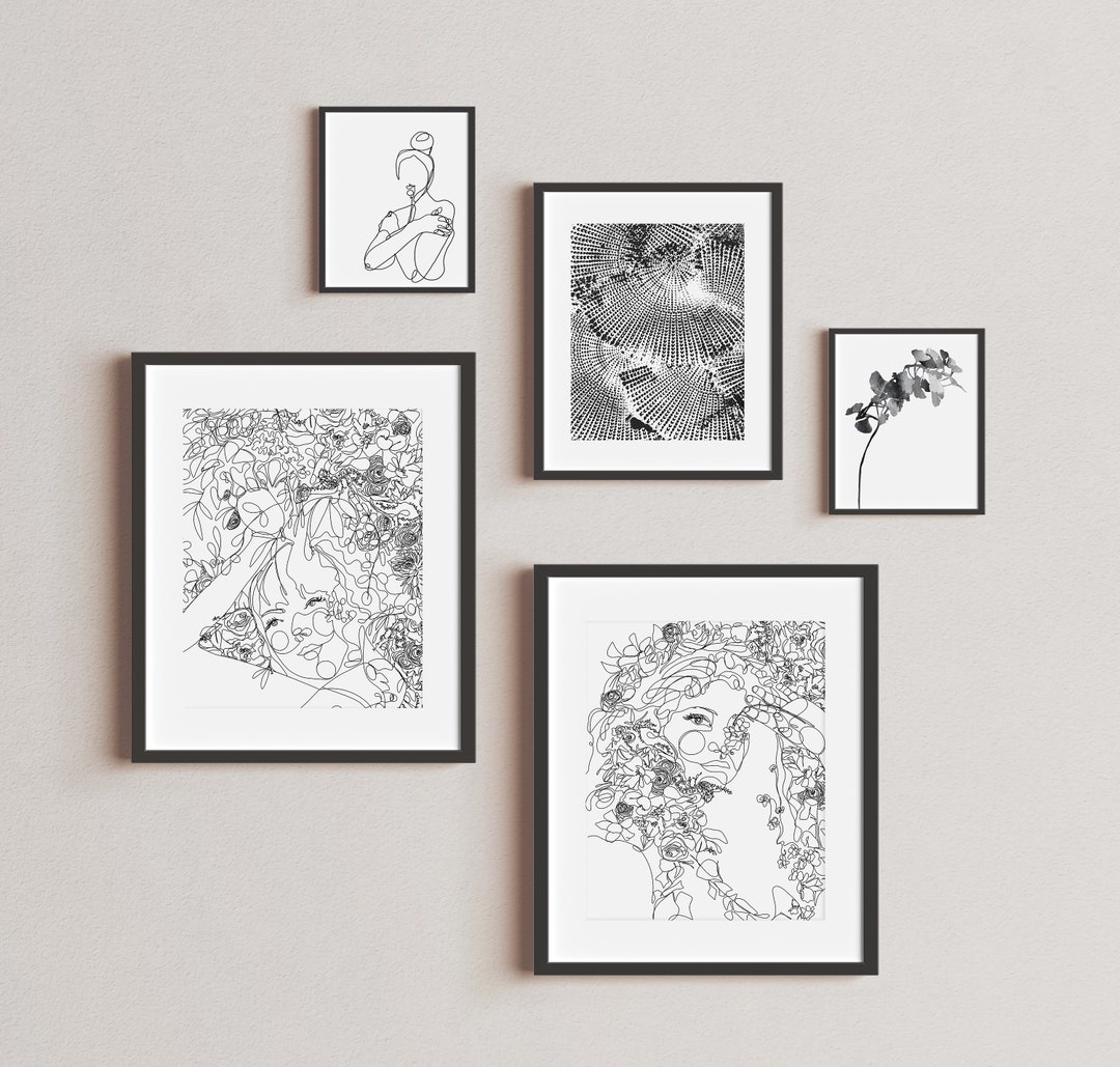 Black and White Line Art Gallery Wall Set of 5 Women Line Etsy