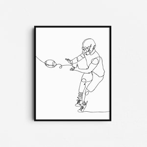 Könnte beinhalten: Linienzeichnung eines Footballspielers, der einen Football fängt. Der Spieler trägt einen Helm und befindet sich in der Luft. Der Football fliegt durch die Luft.