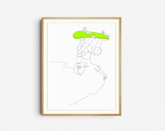 Skateboarder Line Print, Minimalist Skateboard Art, Boys Kids Room Download, Modern Skateboarding Teen Decor