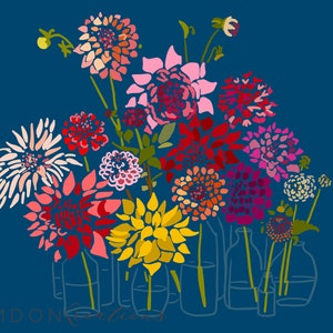 Bright Spring Flower Poster Print, Flowers in Vases, Blue Background, Colorful Floral Modern Wall Decor
