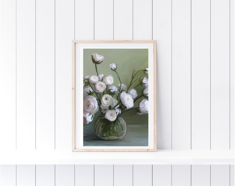 White Roses and Vase Printable Painting, Watercolor Floral Print