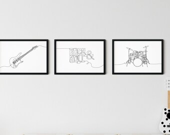 Minimalist Music Prints - Set of 3, Guitar, Drums, Rock & Roll Wall Art, Single Line Instrument Drawing