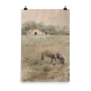 Pasture Painting Print, Farm Field with Cow, Country Landscape Print, Farmhouse Decor