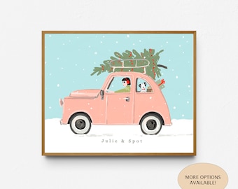 Christmas Pet Illustration, Personalized Woman and Dog in Car Holiday Art Print, Custom Xmas Dog Mom Gift