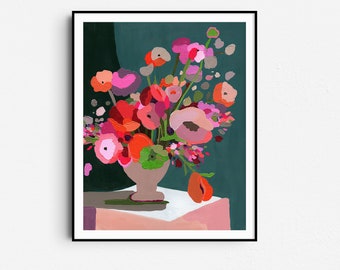 Pink and Orange Flower Printable Wall Art, Original Floral Still Life Print, Colorful Flowers Botanical Poster
