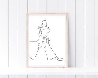 Girl with Pink Macaroon, Black and White Line Art Print, Fashion Illustration, Teen Girl Room Wall Art