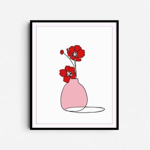 Amapolas rojas minimalistas en una impresión de jarrón rosa, dibujo abstracto de líneas de flores, minimalista moderno de mediados de siglo