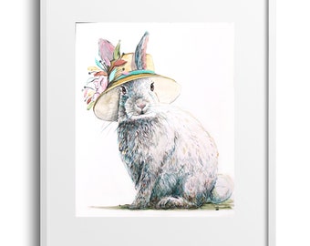 Bunny Rabbit Flower Hat Nursery Print, Fairy Tale Story Book Art, Woodland Animal Boho Girl Bedroom