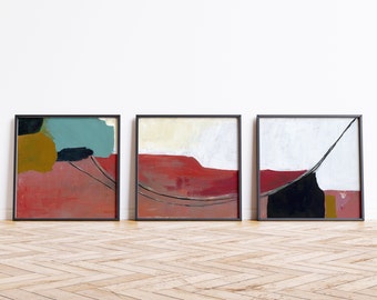 Abstract Triptych Gallery Art Prints, Set of 3 Digital Square Paintings, Modern Printable, Red Black Blue White