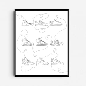 Iconic Sneakers Digital Print, Trendy Shoes Line Art Drawing, Shoe Lover Wall Decor, Gift for Sneakerhead
