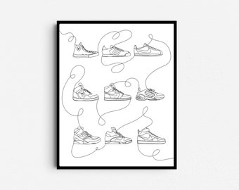 Iconic Sneakers Digital Print, Trendy Shoes Line Art Drawing, Shoe Lover Wall Decor, Gift for Sneakerhead